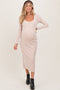 Beige Scoop Neck Long Sleeve Maternity Midi Dress