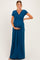 woman wearing a teal short sleeve maternity maxi dress holding her baby bump