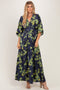 Navy Floral Satin Deep V-Neck Maxi Dress