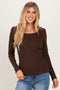 Brown Lettuce Hem Fitted Long Sleeve Top