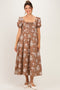 Light Brown Floral Lace Up Front Puff Sleeve Maternity Midi Dress