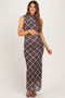 Brown Plaid Mesh Mock Neck Ruched Maternity Dress