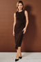 Dark Brown Sleeveless Side Knot Midi Dress