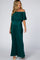 pregnant woman wearing a forest green off the shoulder pleated maternity maxi dress