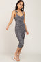 Black Printed Ribbed Shoulder Tie Ruched Dress