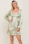 Light Olive Floral Satin Ruched Top Dress
