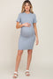 Slate Blue Ribbed Ruched Side Fitted Short Sleeve Maternity Dress