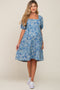 Blue Floral Square Neck Denim Maternity Dress