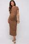 Brown Rib Knit Side Tie Maternity Midi Dress
