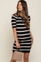 Black Striped Rib Knit Collared Maternity Dress