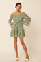 Green Floral Swiss Dot Chiffon Tier Mini Peasant Dress
