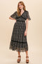 Black Paisley Flutter Sleeve Midi Dress