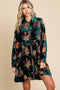 Forest Green Velvet Floral Burnout Button Front Long Sleeve Dress