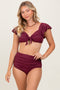 Burgundy Ribbed Ruffle Shoulder Front Tie High Waist Two-Piece Swimsuit