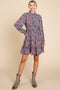Grey Floral Print Smocked Yoke Dress
