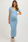 woman wearing a light blue ribbed maternity maxi dress with short sleeves and a visible baby bump
