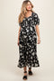 Black Floral Puff Sleeve Maternity Midi Dress