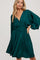 woman wearing a deep teal short sleeve dress with a V-neck and cinched waist, featuring a flowy skirt