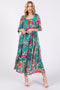 Turquoise Floral Half-Length Sleeve Tie Midi Dress