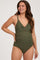 woman wearing an olive green maternity swimsuit with a v-neck and side ruching, showing her baby bump