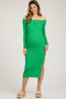 Green Ribbed Off Shoulder Side Slit Maternity Midi Dress