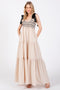 Beige Sweetheart Neck Smocked Embroidered Ribbon Shoulder Tie Midi Dress