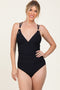 Black Ribbed V-Neck Ruched Criss Cross Low Back One Piece Swimsuit