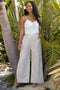 Taupe Striped Linen Slit Hem Pants