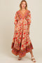 Cream Floral Border Print V-Neck Tiered Midi Dress