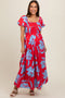 Red Floral Print Bias Smocked Bust Maternity Maxi Dress