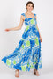 Blue Leaf Print Smocked Maxi Dress