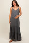 Charcoal Chambray Ruffle Hem Maternity Maxi Dress