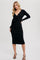 woman wearing a black ribbed wrap dress with long sleeves and a side tie detail