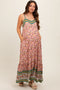 Pink Floral Border Print Lace Up Back Maternity Maxi Dress
