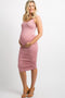 Pink Solid Ruched Fitted Maternity Bodycon Midi Dress