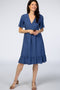 PinkBlush Blue Textured Polka Dot Ruffle Hem Short Sleeve Dress