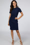 Navy Ribbed Ruched Side Fitted Short Sleeve Dress
