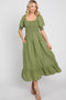 Olive Square Neck Smocked Short Sleeve Midi Dress