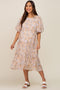 Beige Floral Chiffon Puff Short Sleeve Tiered Maternity Midi Dress