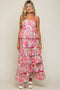 Fuchsia Floral Chiffon Smocked Shoulder Tie Ruffle Tiered Maternity Maxi Dress