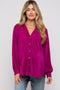 Magenta Plisse Button Up Long Sleeve Maternity Top