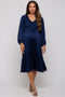 Navy Satin Smocked and Pleated Maternity Midi Dress