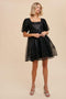 Black Sequin Pearl Embellished Square Neck Babydoll Dress