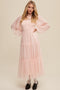 Light Pink Mesh Tiered Long Sleeve Maxi Dress
