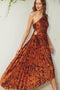 Rust Pleated Print One Shoulder Maxi Dress