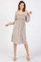 Beige Floral Print Long Sleeve Midi Dress