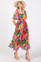 Fuchsia Leaf Print Side Cutout Tiered Midi Dress