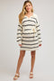 White-Black Striped Knit Collared Long Sleeve Maternity Sweater Dress