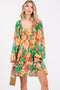 Green Tropical Floral Smocked V-Neck Midi Dress