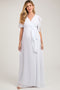 White Chiffon Wrap Front V-Neck Short Sleeve Pleated Maternity Maxi Dress
